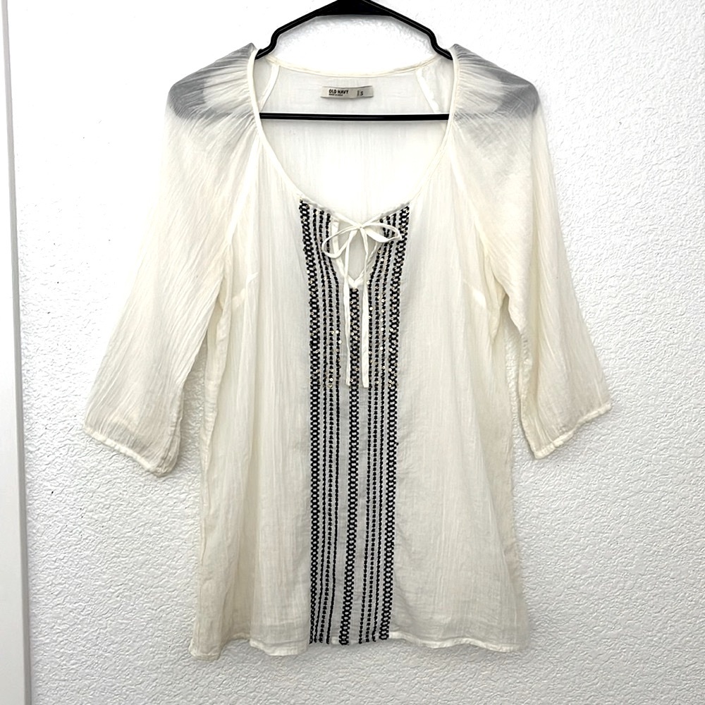OLD NAVY Sheer Blouse with Black Embroidery. Cream. Size S